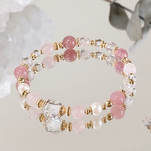 Hanhan Jewelry 高品質 馬粉 粉晶 雪花幽靈 白水晶 珍珠 手鍊 天然礦石水晶