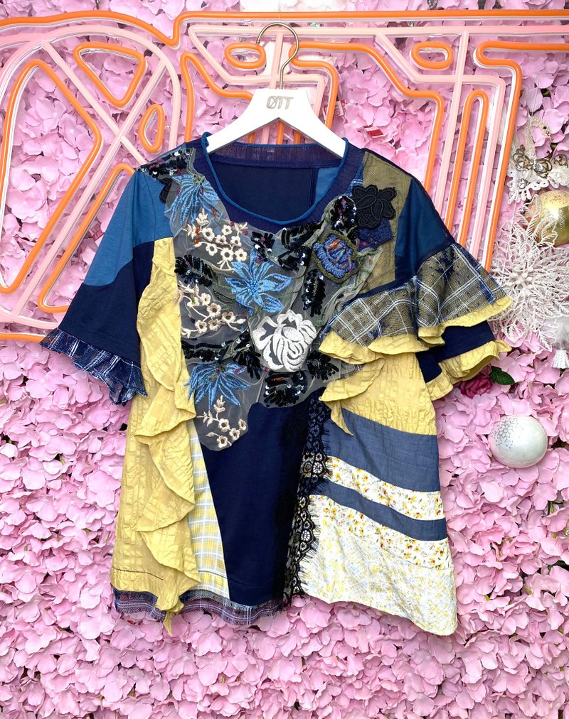 OTT unique•Japanese pastoral style hand hook embroidery floral ruffled three-dimensional layered top - เสื้อผู้หญิง - ผ้าฝ้าย/ผ้าลินิน สีน้ำเงิน