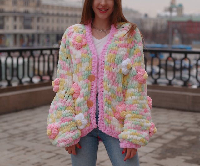 Multicolored puffy fluffy women's cardigan hand-knitted with 