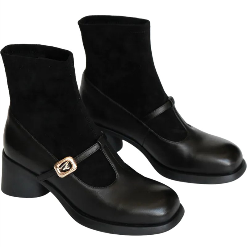 5.5cm shock-resistant thick-soled air-cushioned sheepskin sock boots—classic black - รองเท้าบูทสั้นผู้หญิง - หนังแท้ สีดำ