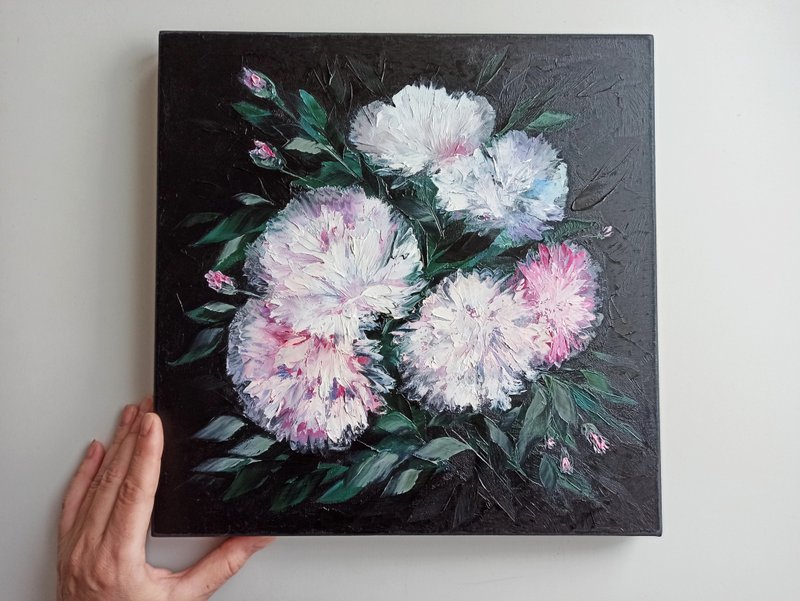 Pink flowers on the black original art, painting on canvas - unique gift for her - Wall Décor - Cotton & Hemp Black