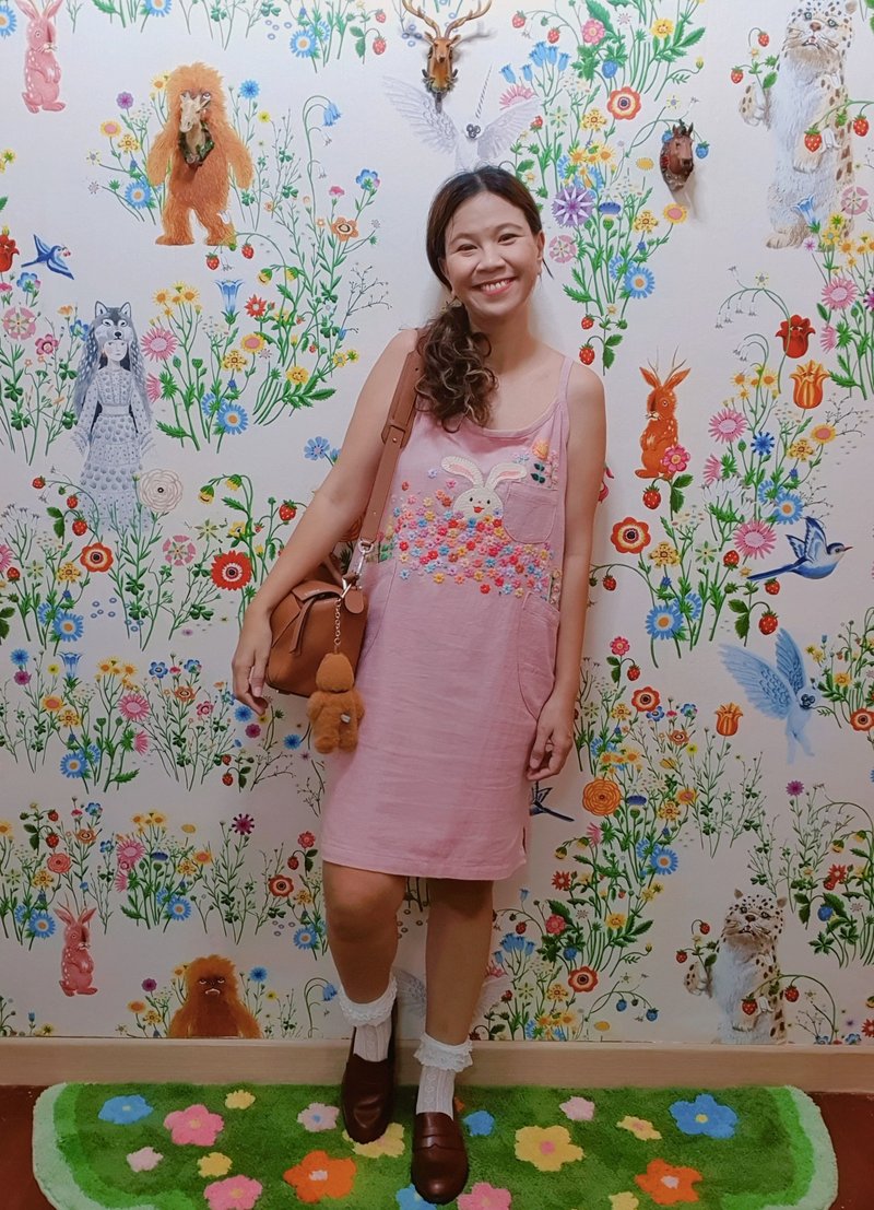 手工刺繡襯衫、棉織物、天然染料、花卉、狐狸 - 女上衣/長袖上衣 - 繡線 粉紅色