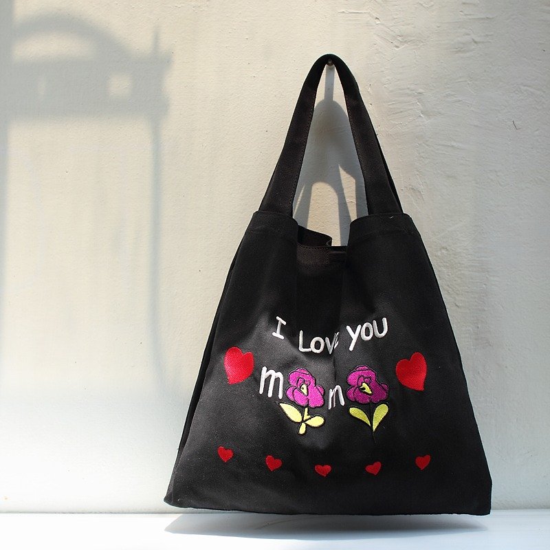Silk embroidered double layer Tote bag _100414 - Messenger Bags & Sling Bags - Polyester Black