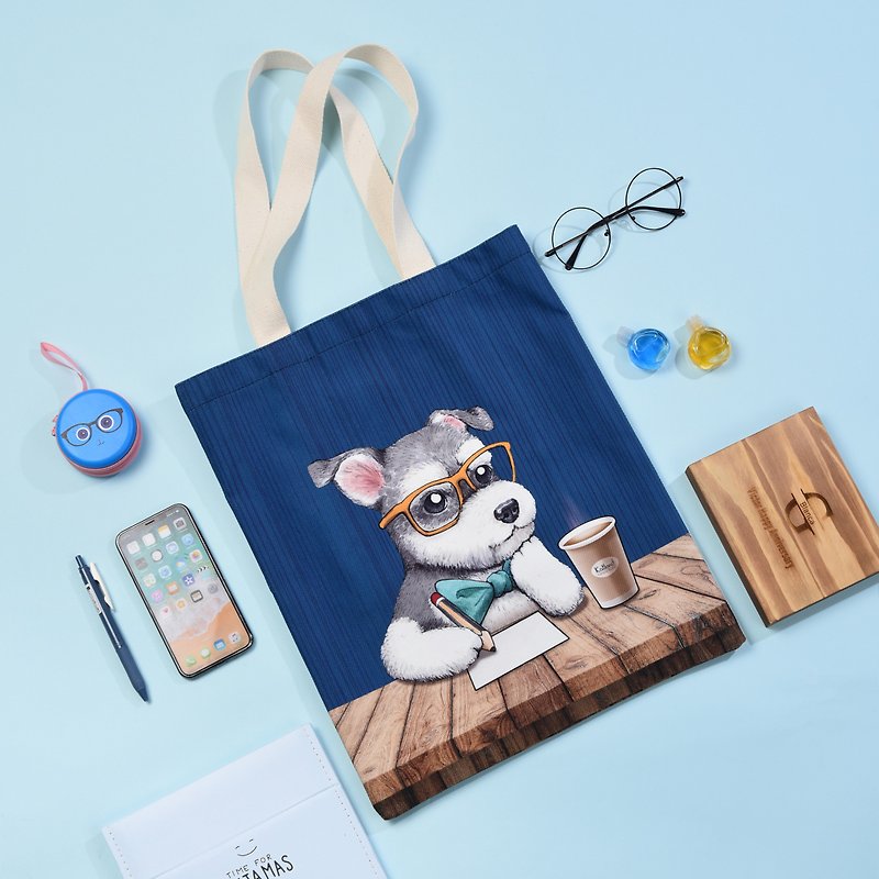 In-house design Schnauzer Schnauzer canvas bag double-sided pattern - Handbags & Totes - Other Materials Blue