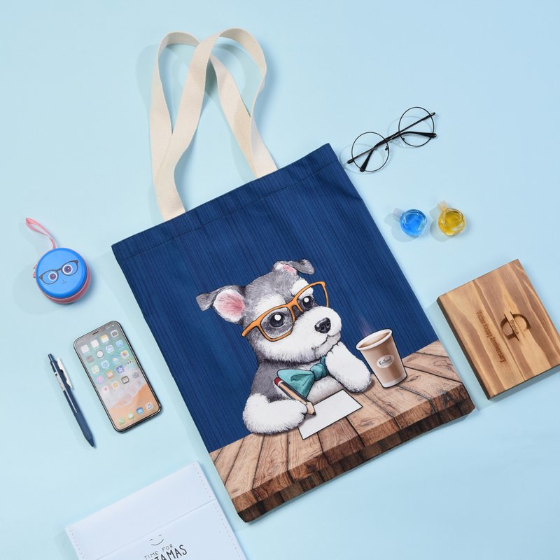 In-house design Schnauzer Schnauzer canvas bag double-sided pattern - กระเป๋าถือ - วัสดุอื่นๆ สีน้ำเงิน