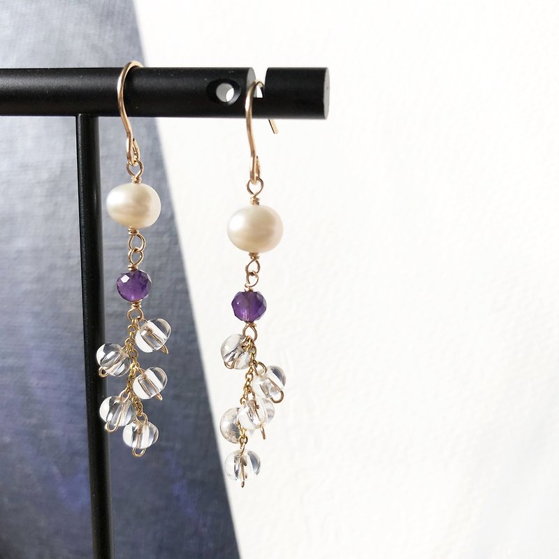 14kgf-white crystal & amethyst pearls earrings,spring - ต่างหู - คริสตัล หลากหลายสี