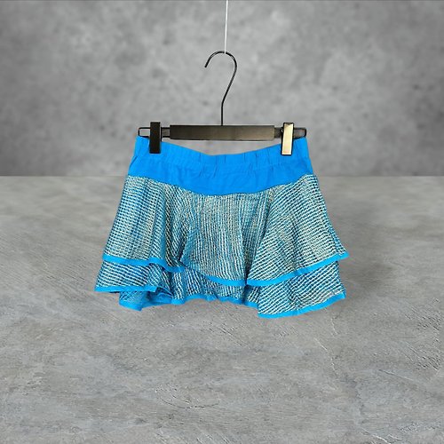 蘿綺莉蕾芭索 二手 藍色 拼接 網布 彈性 燙金 層次 迷你 鬆緊 低腰 短裙 PF511