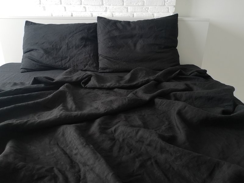 Black linen sheet set / Flat+fitted sheet+2 pillowcases / Black bedding - 寢具/床包 - 亞麻 黑色