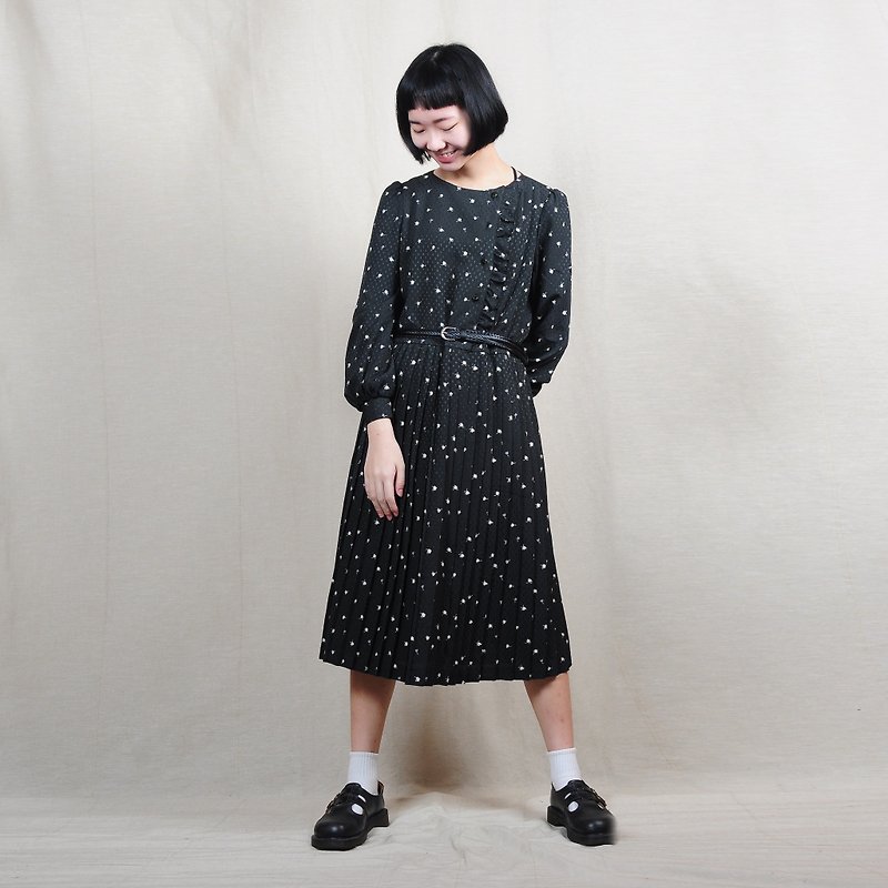 [Vintage] egg plant flowers Star vintage print pleated dress - One Piece Dresses - Polyester Black