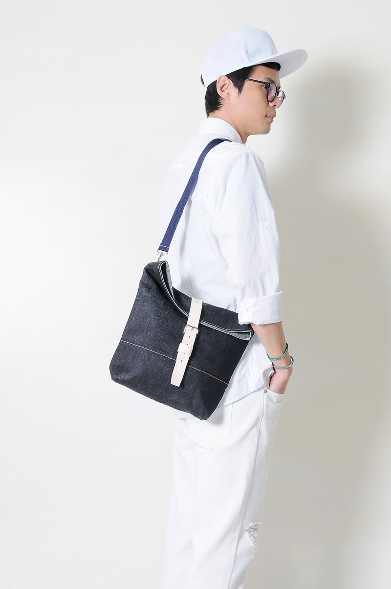 DENIM-Handmade Leather Denim Denim Canvas Slanted Back/Tablet Bag - Messenger Bags & Sling Bags - Cotton & Hemp Blue