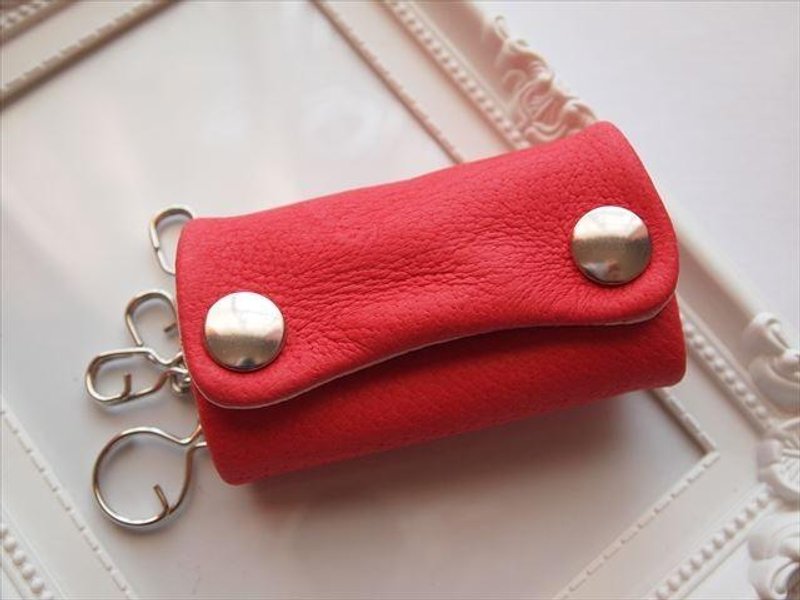 [標準紅] 蓋子皮革軟鑰匙包 [定制] 紅色皮革 - 鎖匙扣/鎖匙包 - 真皮 紅色