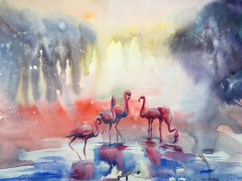 Original Watercolor PAINTING Flamingo Birds Fantasy Landscape Artwork Aquarelle - ตกแต่งผนัง - วัสดุอื่นๆ สีม่วง