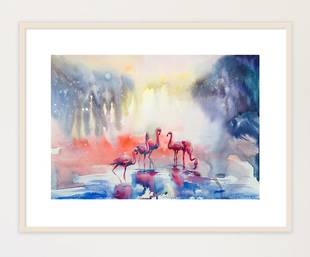 オリジナル水彩画フラミンゴ鳥ファンタジー風景アートワークアクワレル 
