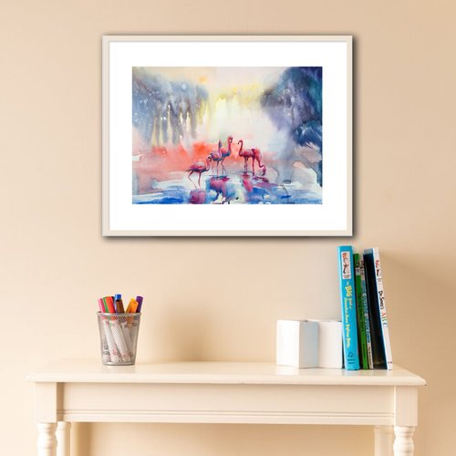原画「餌を探すフラミンゴ」鳥/風景/イラスト/絵/アート/額付き フラミンゴ絵画ピンクの鳥オリジナルアート 2 つの絵画セット