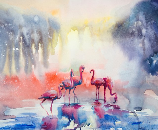 オリジナル水彩画フラミンゴ鳥ファンタジー風景アートワークアクワレル 