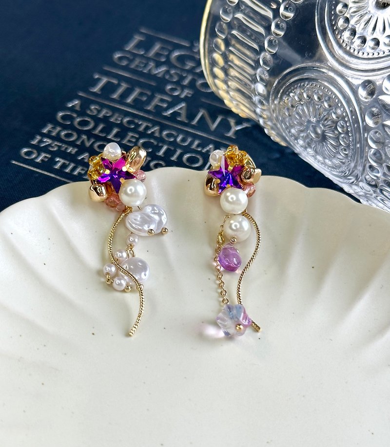 Star Earrings/Party Earrings/Purple Pearl Stone Earrings/Sister Gifts - Earrings & Clip-ons - Pearl Purple