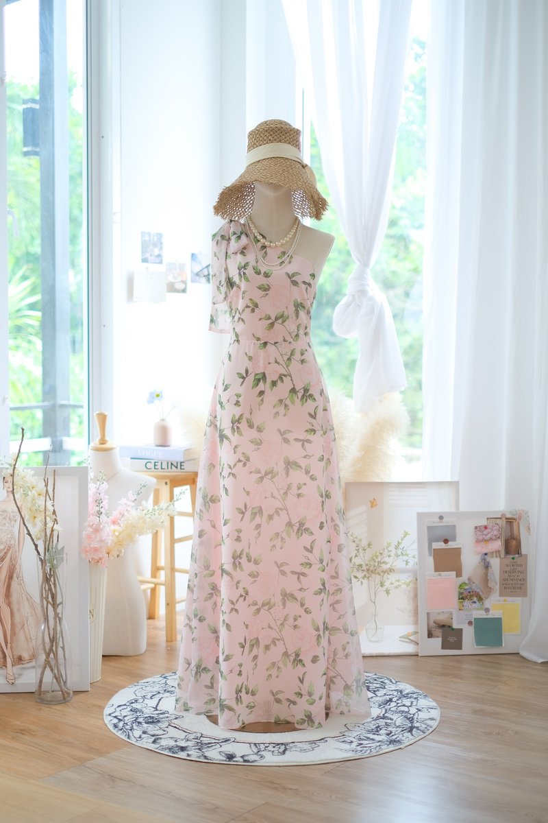 單肩蝴蝶結設計印花洋裝 派對禮服 - 晚禮服/晚禮裙 - 聚酯纖維 粉紅色