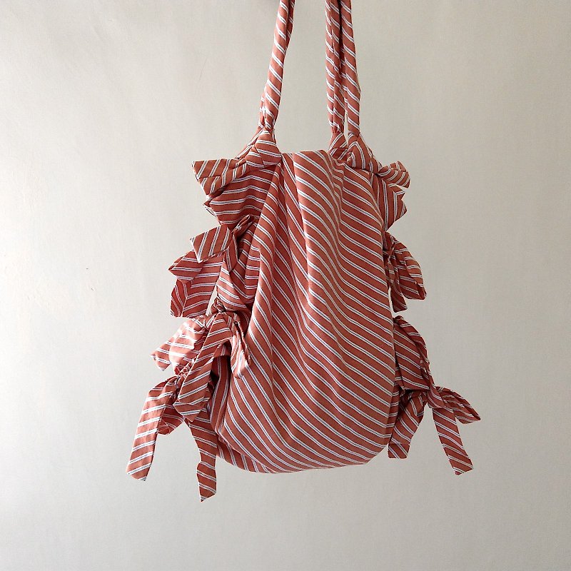 Ribbon Tote | Orange Stripe - กระเป๋าแมสเซนเจอร์ - ผ้าฝ้าย/ผ้าลินิน สีส้ม