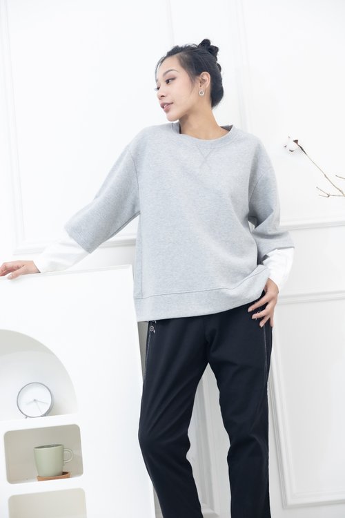 Meya 編縫編織 前短後長異材質拼接上衣 灰色