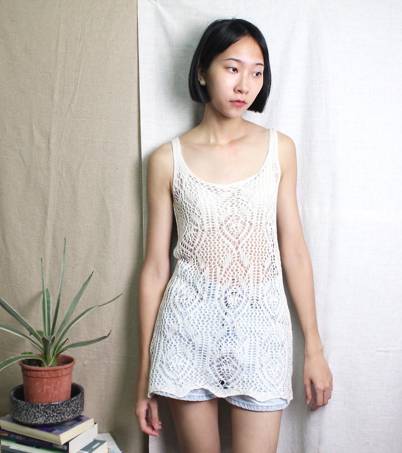FOAK古著 日本老牌米白菱格鉤織背心 - 連身裙 - 其他材質 