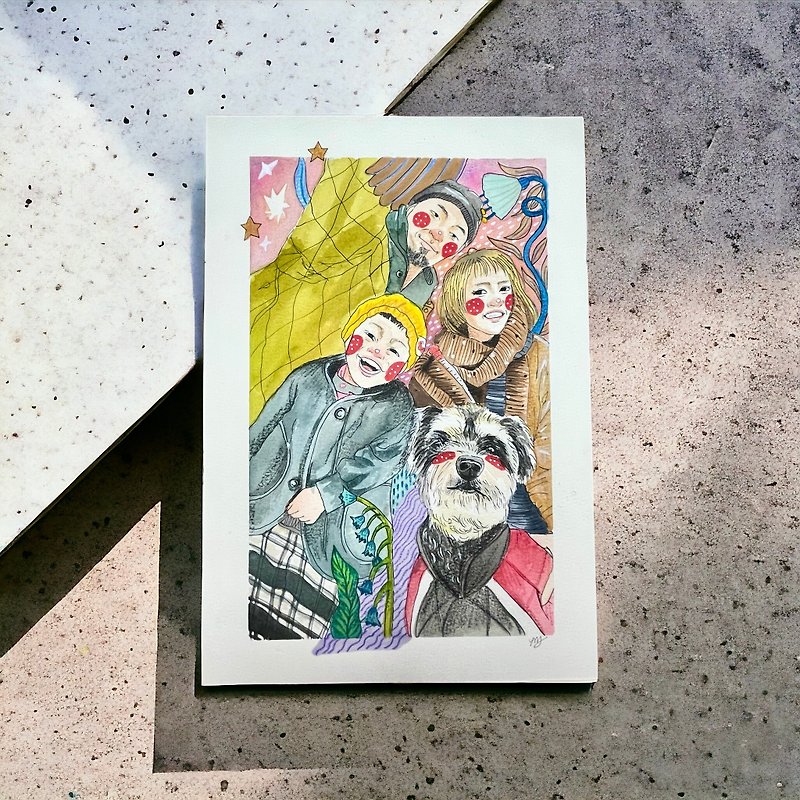[Holiday gift] Family hand-painted commemorative gift card - large (four people) - Cards & Postcards - Paper 