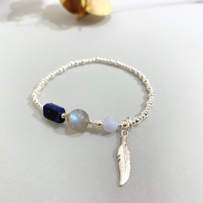 Ops bracelet - 藍紋瑪瑙/溝通力/青金石/拉長石/平靜/靈感激發 - 手鍊/手環 - 其他金屬 銀色