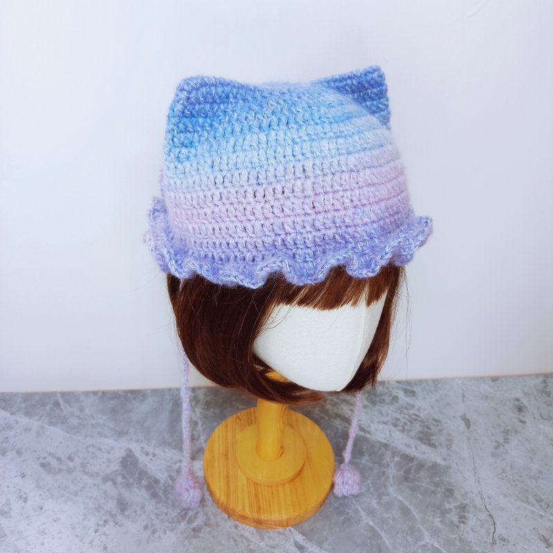 スズラン猫耳帽子 ニット帽 かぎ針編み帽子 - 帽子 - コットン・麻 ブルー