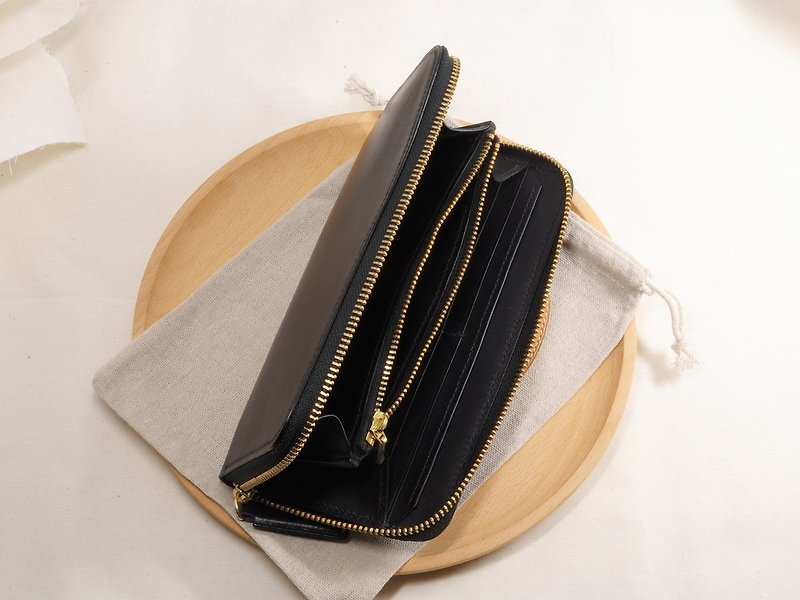U-shaped zipper long clip black can be customized - กระเป๋าสตางค์ - หนังแท้ สีดำ