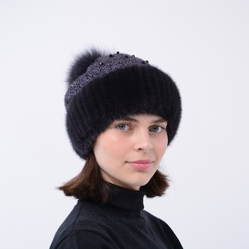 FurStyleUA Women's Winter Knitted Beanie Hat With Mink Fur And Fox Fur Pompom For Lady