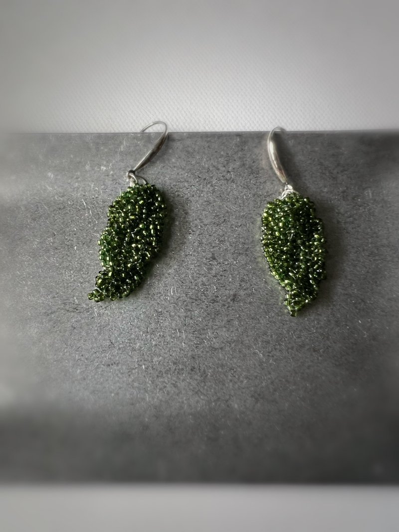 Leaf hand-woven earrings-green-ready stock - Earrings & Clip-ons - Other Materials Green