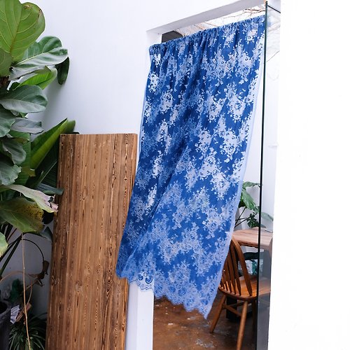 不如去作 繁花門簾手工蕾絲藍染indigo原創設計棉麻中式日式隔斷簾子布料