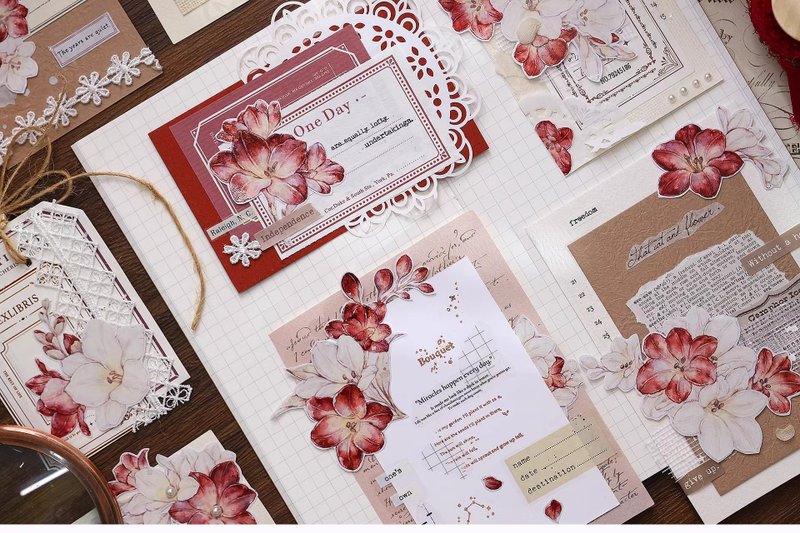 Scarlet light retro red and white freesia flowers and paper tape PET notebook collage - มาสกิ้งเทป - กระดาษ หลากหลายสี