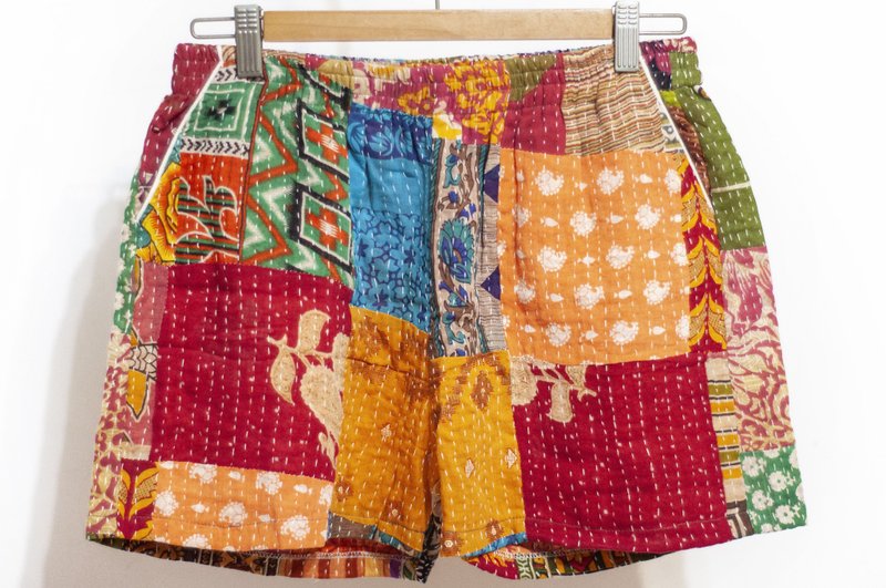 Hand-stitched saree cloth patchwork pure cotton shorts Indian pure cotton patchwork pants saree thread embroidered pants-tropical flowers - กางเกงขาสั้น - ผ้าฝ้าย/ผ้าลินิน หลากหลายสี