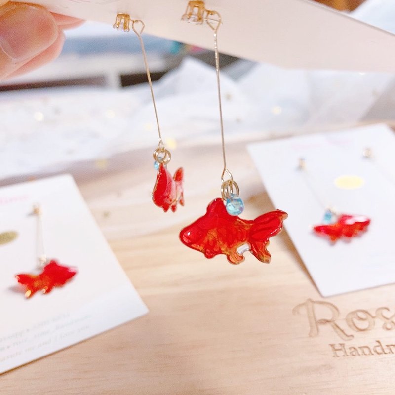 飄游金魚 小金魚 調色 半透明 - 耳環/耳夾/耳骨夾 - 樹脂 紅色