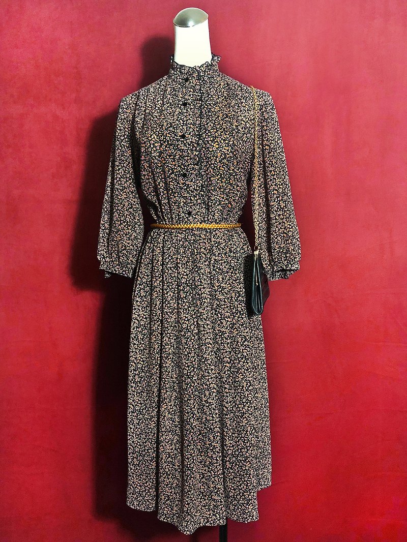Ruffled flower long-sleeved vintage dress / brought back to VINTAGE abroad - ชุดเดรส - เส้นใยสังเคราะห์ หลากหลายสี