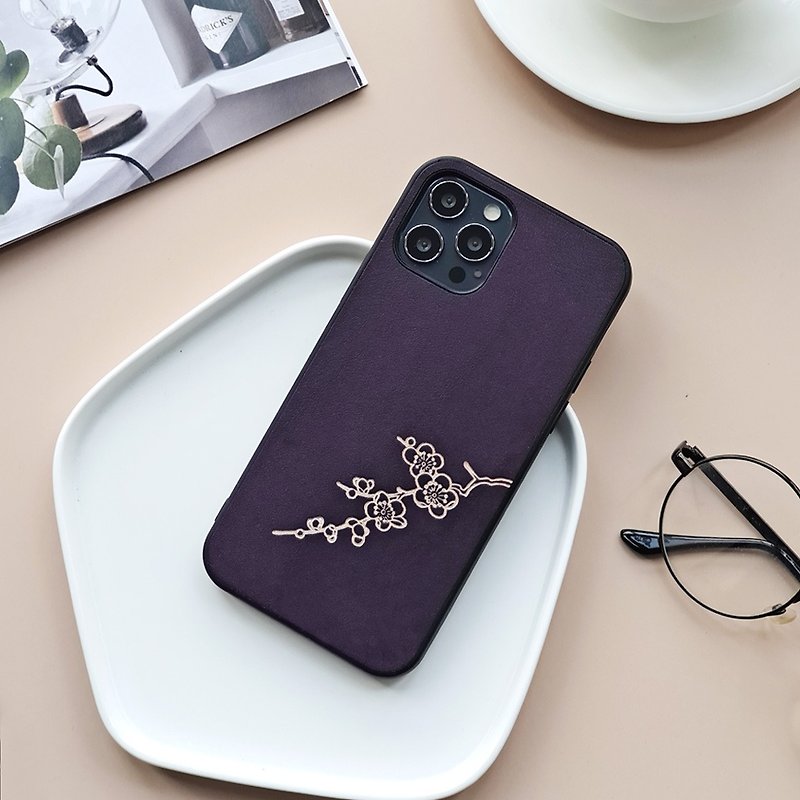 Dark fragrance and sparse shadow | purple iphone14promax mobile phone case genuine leather 13pro set apple 12mini anti-fall - เคส/ซองมือถือ - หนังแท้ สีม่วง