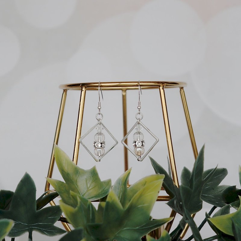 Austrian square translucent crystal handmade sterling silver earrings gift customization - ต่างหู - เครื่องเพชรพลอย สีทอง