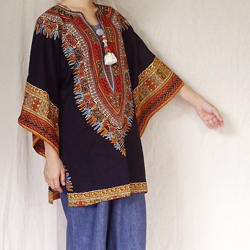 BajuTua/古著/ 70's 西非經典蠟染喇叭袖上衣 Dashiki - 黑 - 女上衣/長袖上衣 - 棉．麻 黑色