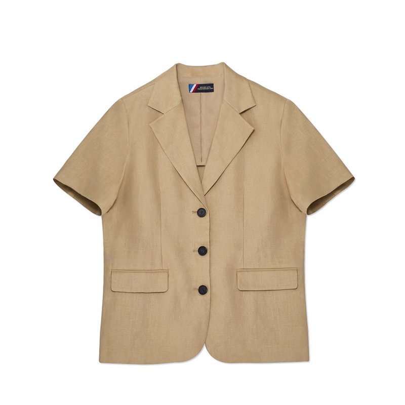 Korea sisterhood, Basic Linen Short Sleeve Jacket - Khaki - 女大衣/外套 - 棉．麻 卡其色
