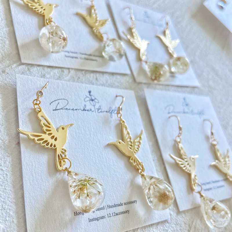 Japanese embossed water drop beads golden bird nature Japanese style sterling silver earrings - ต่างหู - เรซิน หลากหลายสี