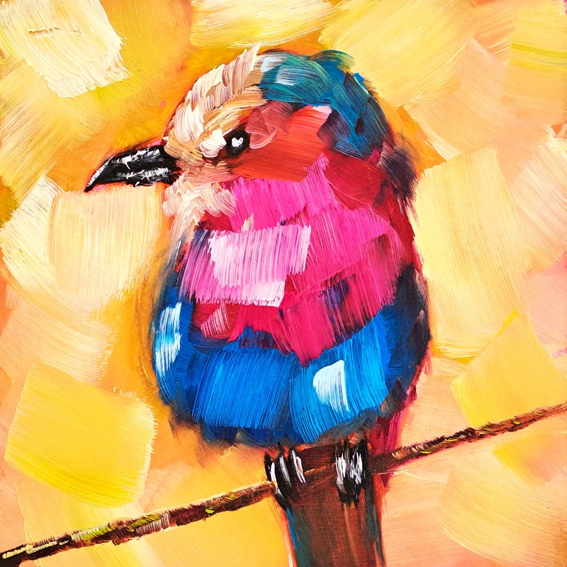 Lilac-Breasted Roller Painting Bird Original Art Roller Bird Oil Painting Animal - 海報/掛畫/掛布 - 其他材質 多色
