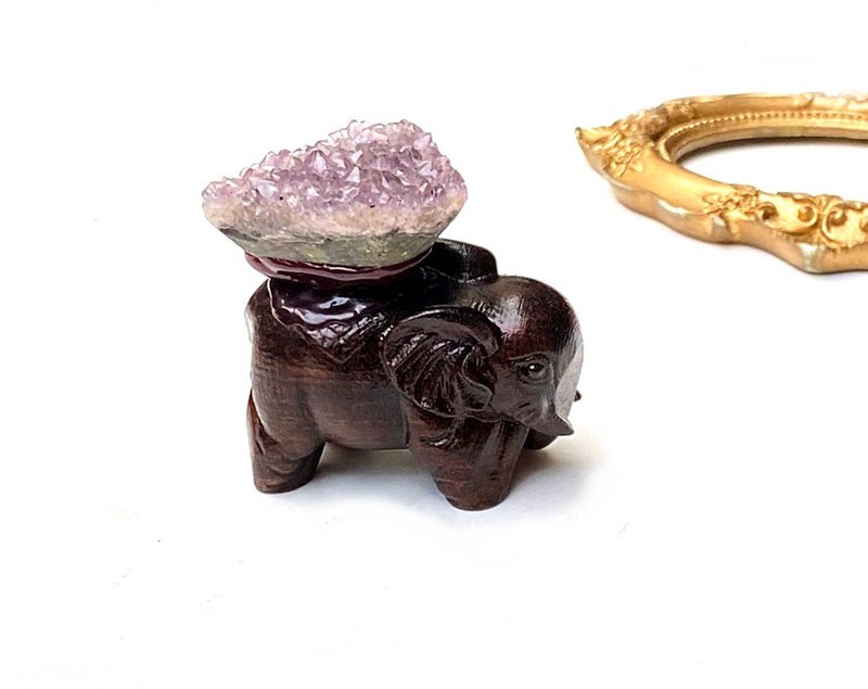 招財富貴-天然幾何夢幻紫晶簇黑檀木可愛象 辦公室 居家 招財擺件 - 其他 - 水晶 多色