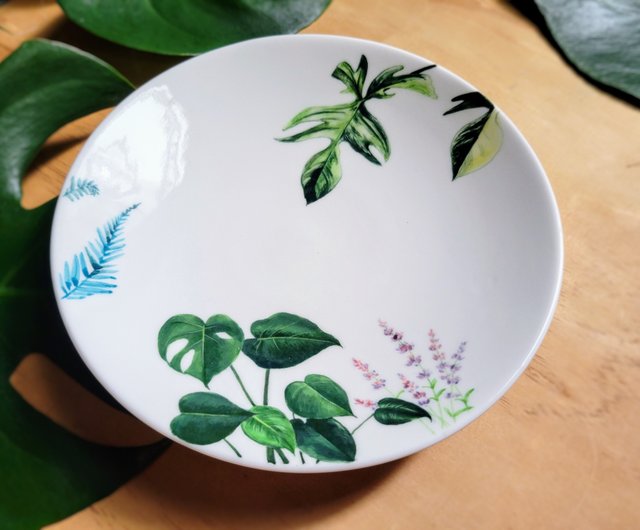 手描きの観葉植物8インチ丸皿オリジナル - ショップ paintingplants 机