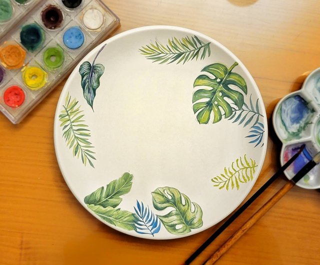 手描きの観葉植物8インチ丸皿オリジナル - ショップ paintingplants 机