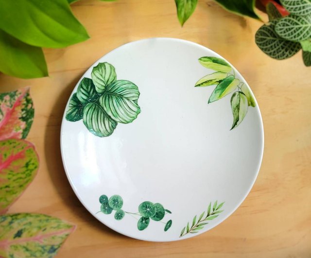 植物イラストの陶磁器プレート 手描きの観葉植物8インチ丸皿オリジナル - ショップ paintingplants 机