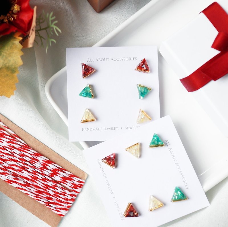 [Christmas Limited]-Christmas small triangle earrings set - Earrings & Clip-ons - Other Materials Multicolor
