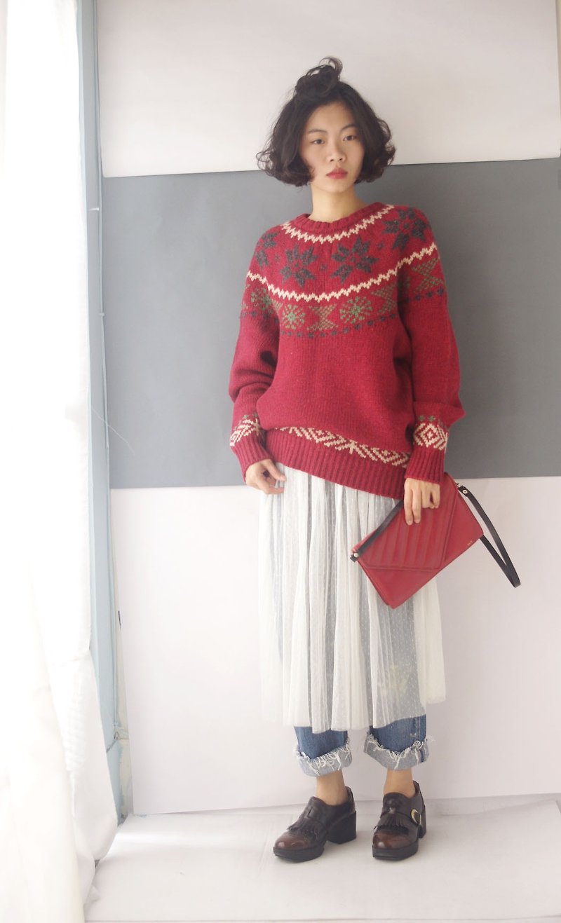 4.5studio- Geocaching vintage - classic Nordic snowflake dark red knit sweater - สเวตเตอร์ผู้หญิง - เส้นใยสังเคราะห์ สีแดง