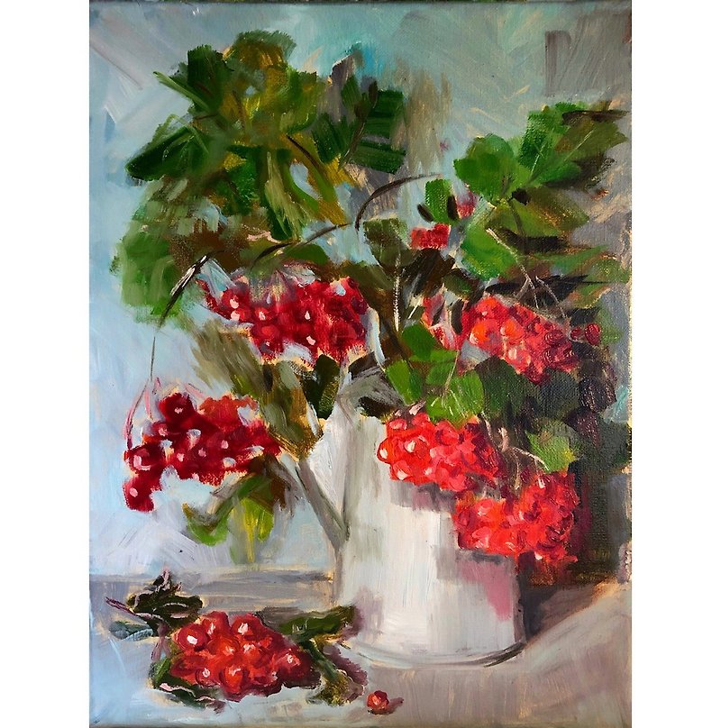 Rowan berry Bouquet Painting Original Wall Art Decor - 掛牆畫/海報 - 其他材質 多色