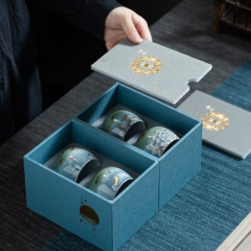 Lotus Rhyme Tasting Tea | Single Cup Stoneware Kung Fu Teacup Tea Set Set of Four New Year's Gifts - Teapots & Teacups - Pottery 