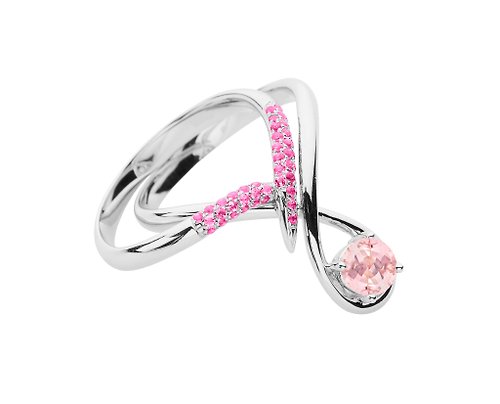 Majade Jewelry Design 摩根石14k金粉紅寶石結婚戒指組合 水滴形求婚戒指 流星訂婚套裝